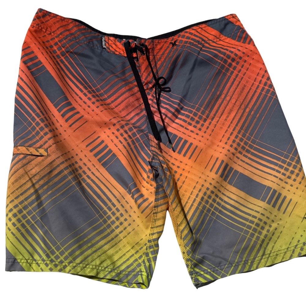 Hurley‎ Men’s Board Shorts Size 36 Gray Yellow Orange | Surf Swim Trunks Y2K